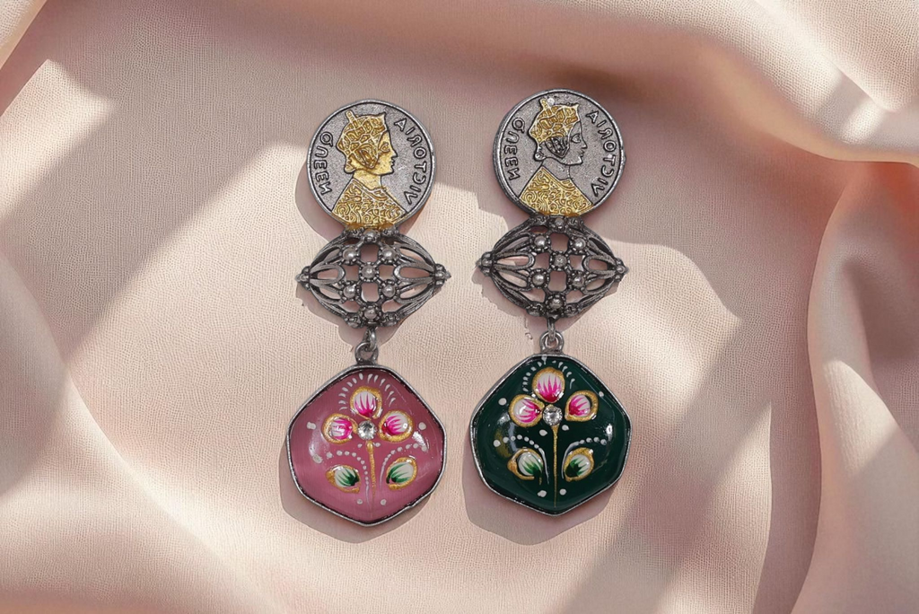 👑 Victoria Danglers: Coin & Meenakari Earrings in Pink or Dark Green | Oxidized Silver  Jewelry by Manikundal