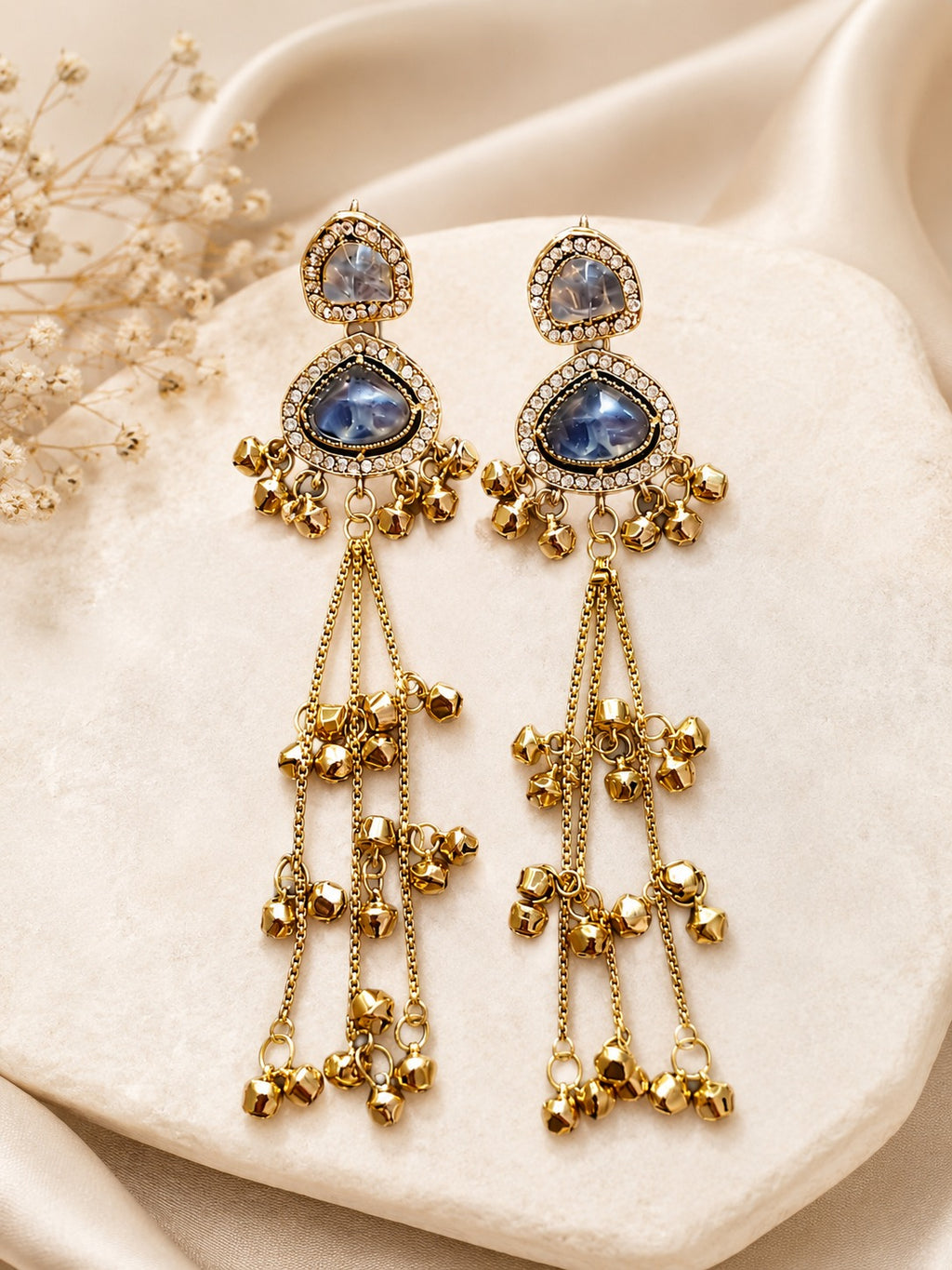 grey Stone Long Tassel Dangler Earrings, Gold Plated, Crystal Studded Drop Earrings for Women, Ethnic Wedding Party Fashion Jewellery
