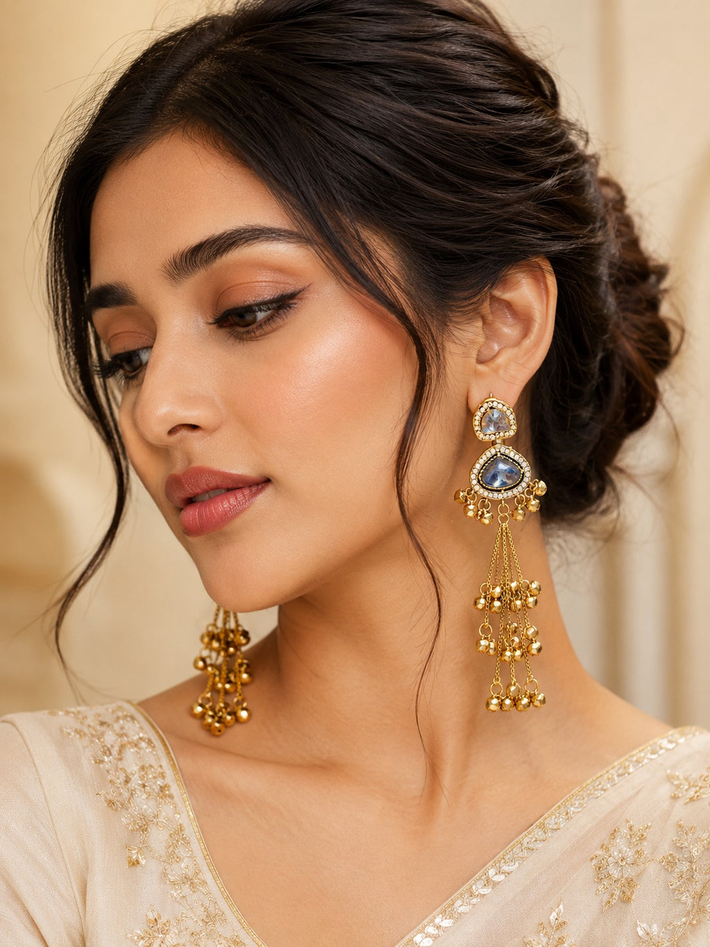 grey Stone Long Tassel Dangler Earrings, Gold Plated, Crystal Studded Drop Earrings for Women, Ethnic Wedding Party Fashion Jewellery