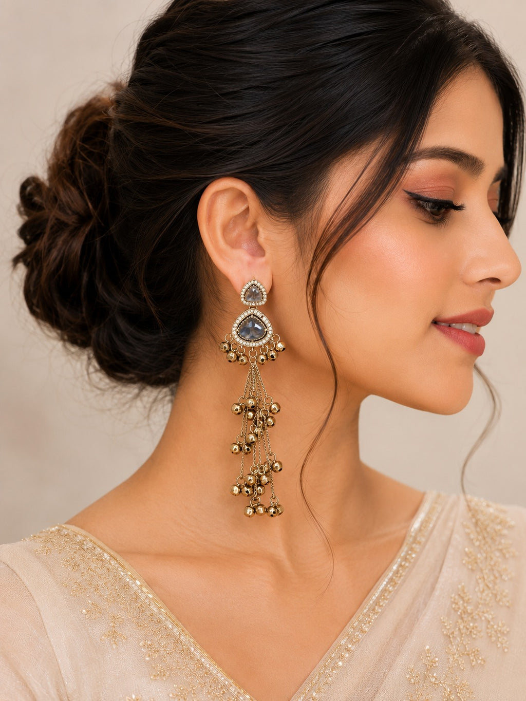 grey Stone Long Tassel Dangler Earrings, Gold Plated, Crystal Studded Drop Earrings for Women, Ethnic Wedding Party Fashion Jewellery