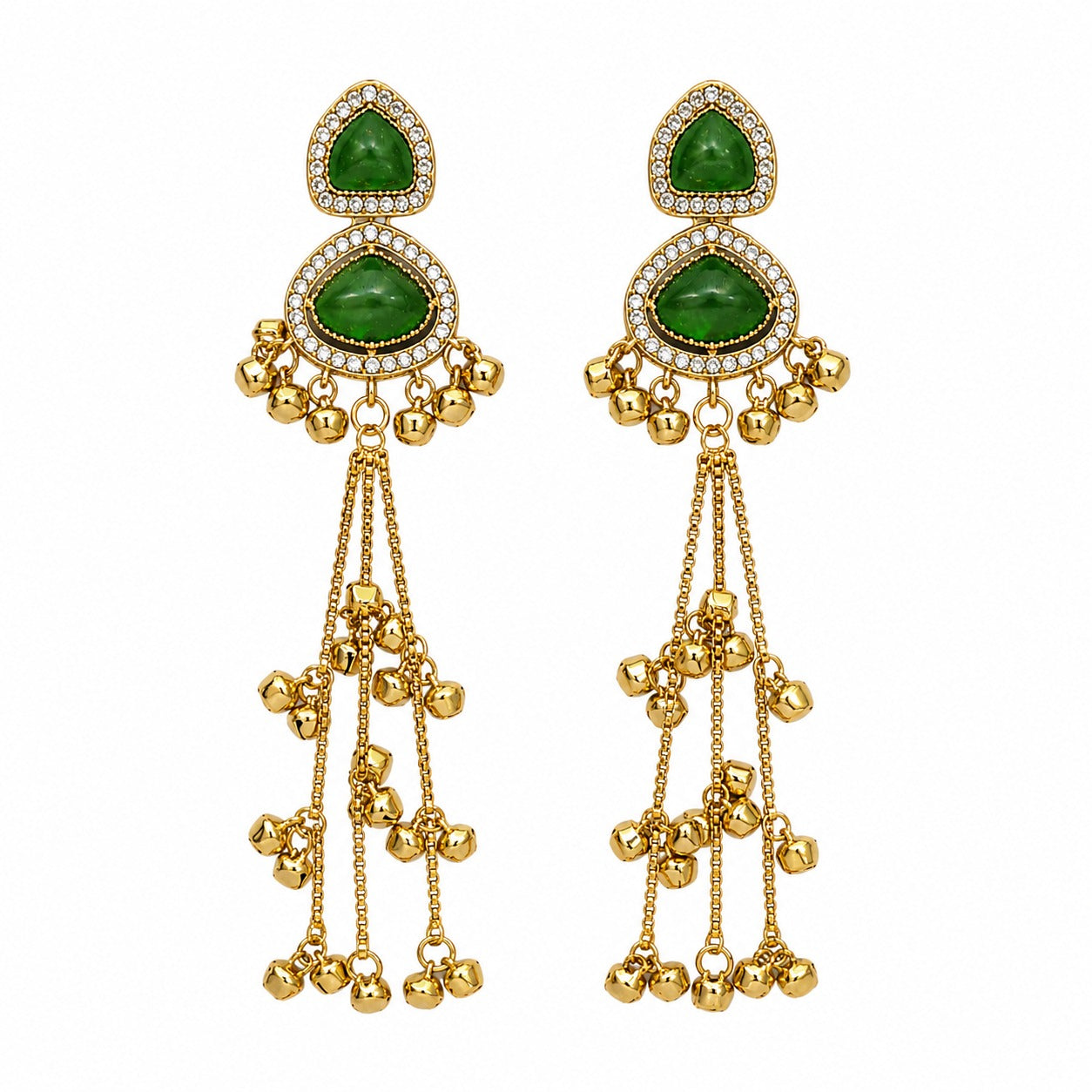 Kashmiri Double Stone Dark Green Dangler Earrings, Gold Plated, Long Tassel, Traditional Ethnic Fashion Jewelry for Women