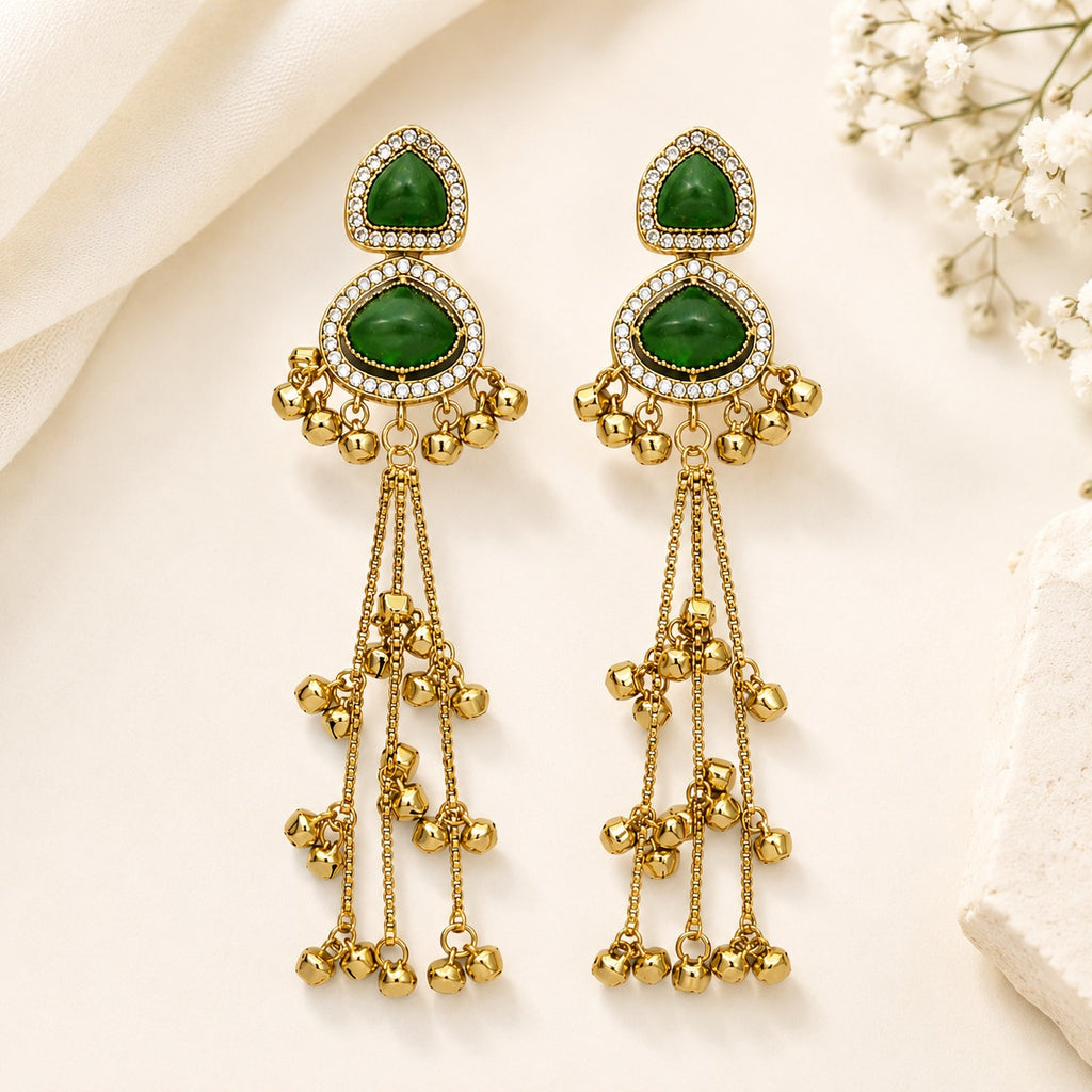 Kashmiri Double Stone Dark Green Dangler Earrings, Gold Plated, Long Tassel, Traditional Ethnic Fashion Jewelry for Women