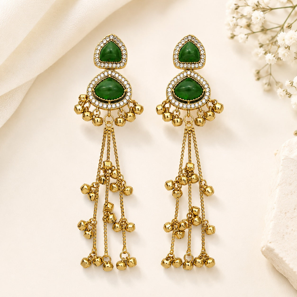 Kashmiri Double Stone Dark Green Dangler Earrings, Gold Plated, Long Tassel, Traditional Ethnic Fashion Jewelry for Women