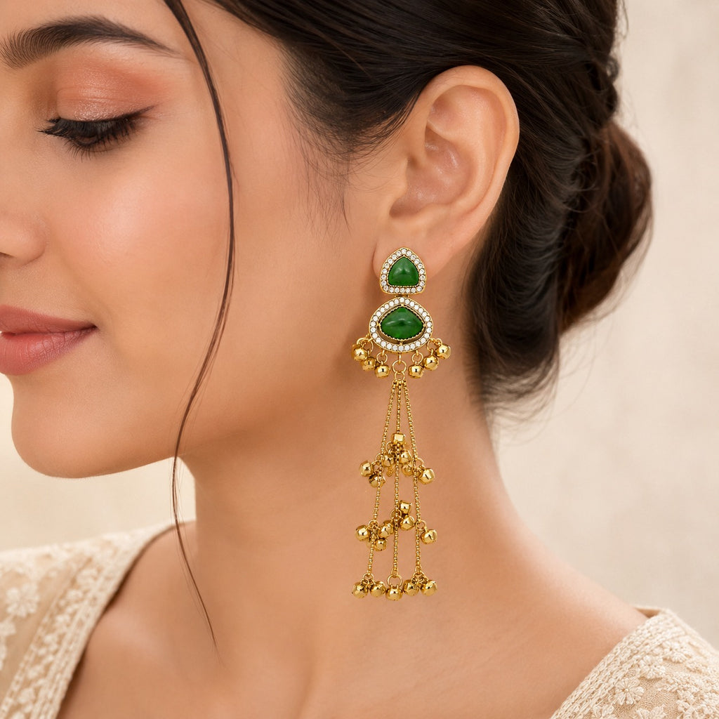 Kashmiri Double Stone Dark Green Dangler Earrings, Gold Plated, Long Tassel, Traditional Ethnic Fashion Jewelry for Women