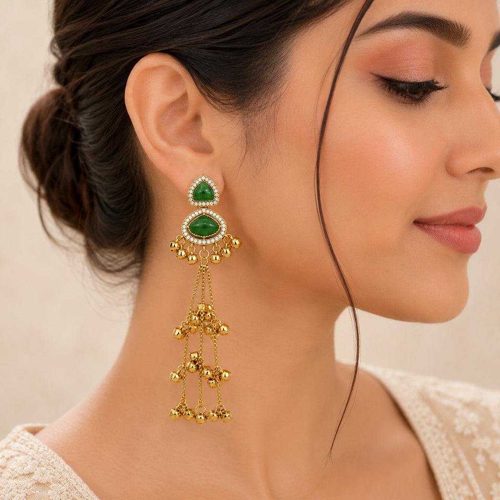 Kashmiri Double Stone Dark Green Dangler Earrings, Gold Plated, Long Tassel, Traditional Ethnic Fashion Jewelry for Women