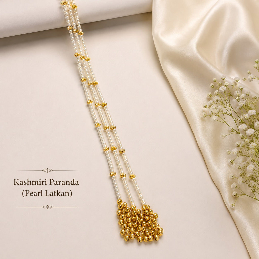 Kashmiri Paranda Pearl Latkan for Women, Traditional Hair Accessory with White Pearl Strings, Golden Bead Tassel, Bridal Braid Decoration for Punjabi & Ethnic Hairstyles