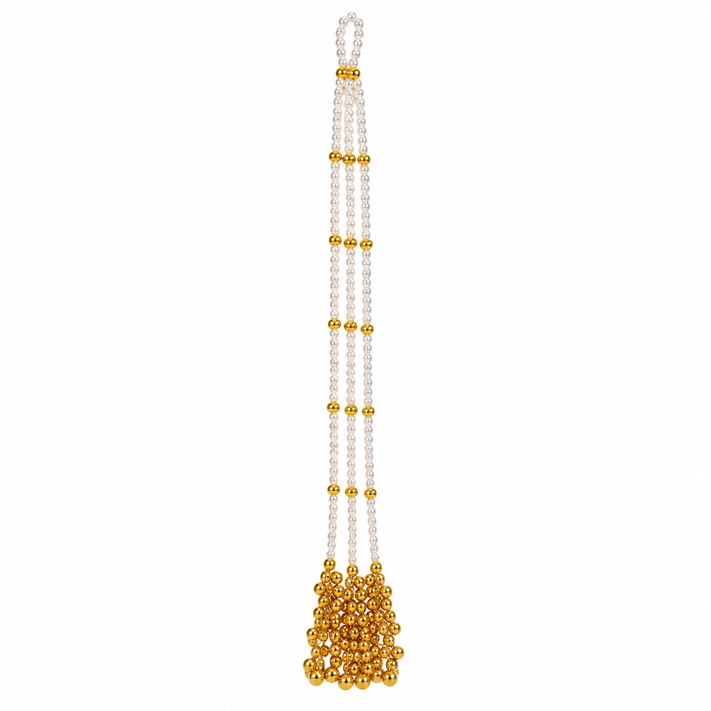 Kashmiri Paranda Pearl Latkan for Women, Traditional Hair Accessory with White Pearl Strings, Golden Bead Tassel, Bridal Braid Decoration for Punjabi & Ethnic Hairstyles