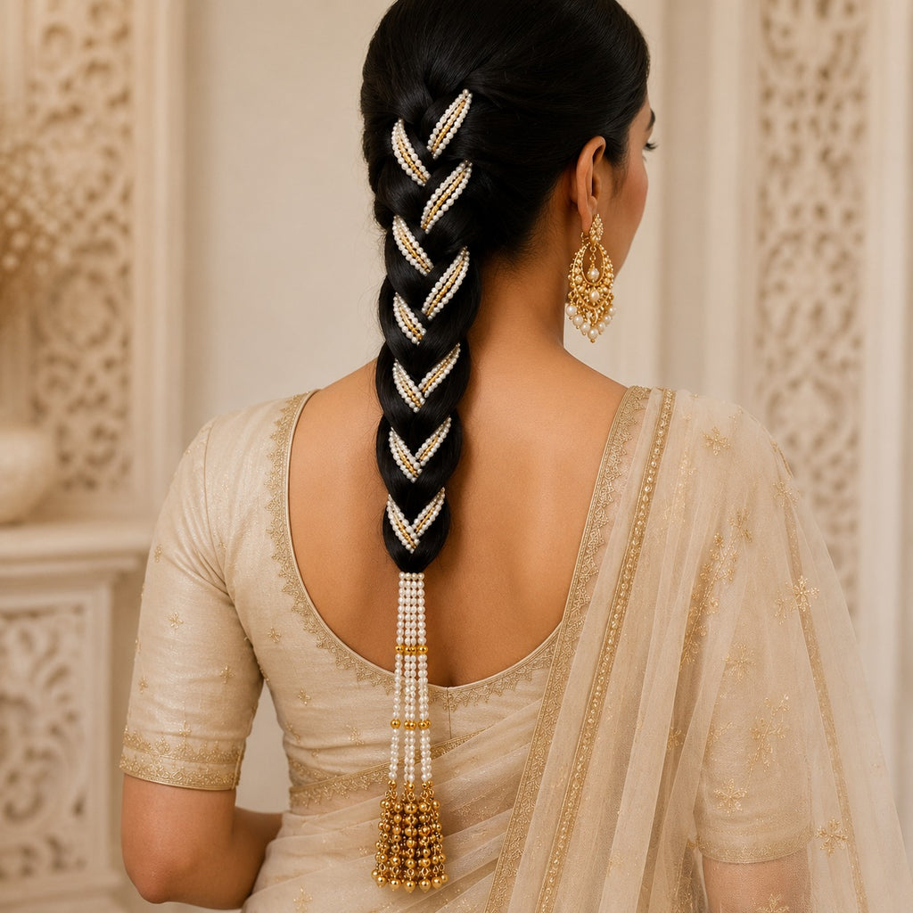 Kashmiri Paranda Pearl Latkan for Women, Traditional Hair Accessory with White Pearl Strings, Golden Bead Tassel, Bridal Braid Decoration for Punjabi & Ethnic Hairstyles