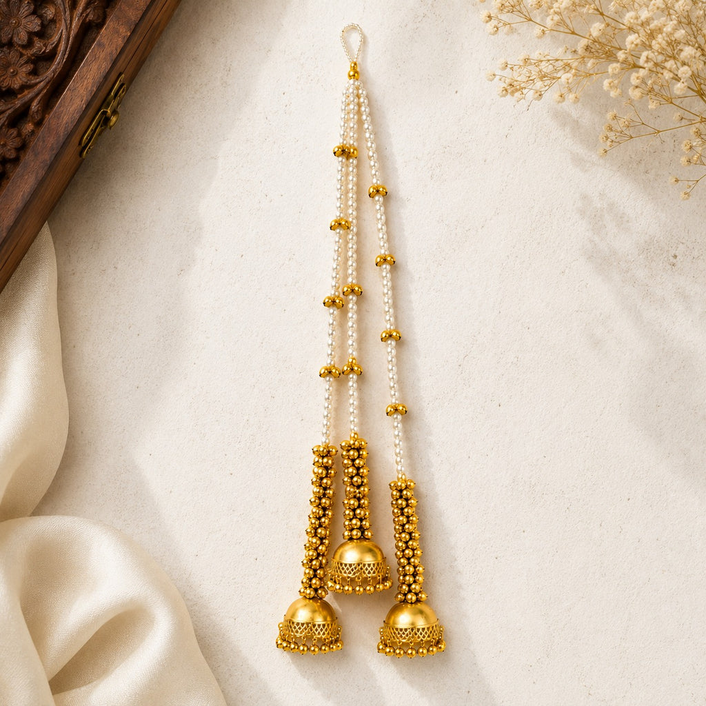 Kashmiri Paranda Jhumki Pattern for Women and Girls, Traditional Pearl Hair Braid Accessory, Golden Jhumki Latkan, Punjabi Bridal Parandi for Wedding, Mehendi
