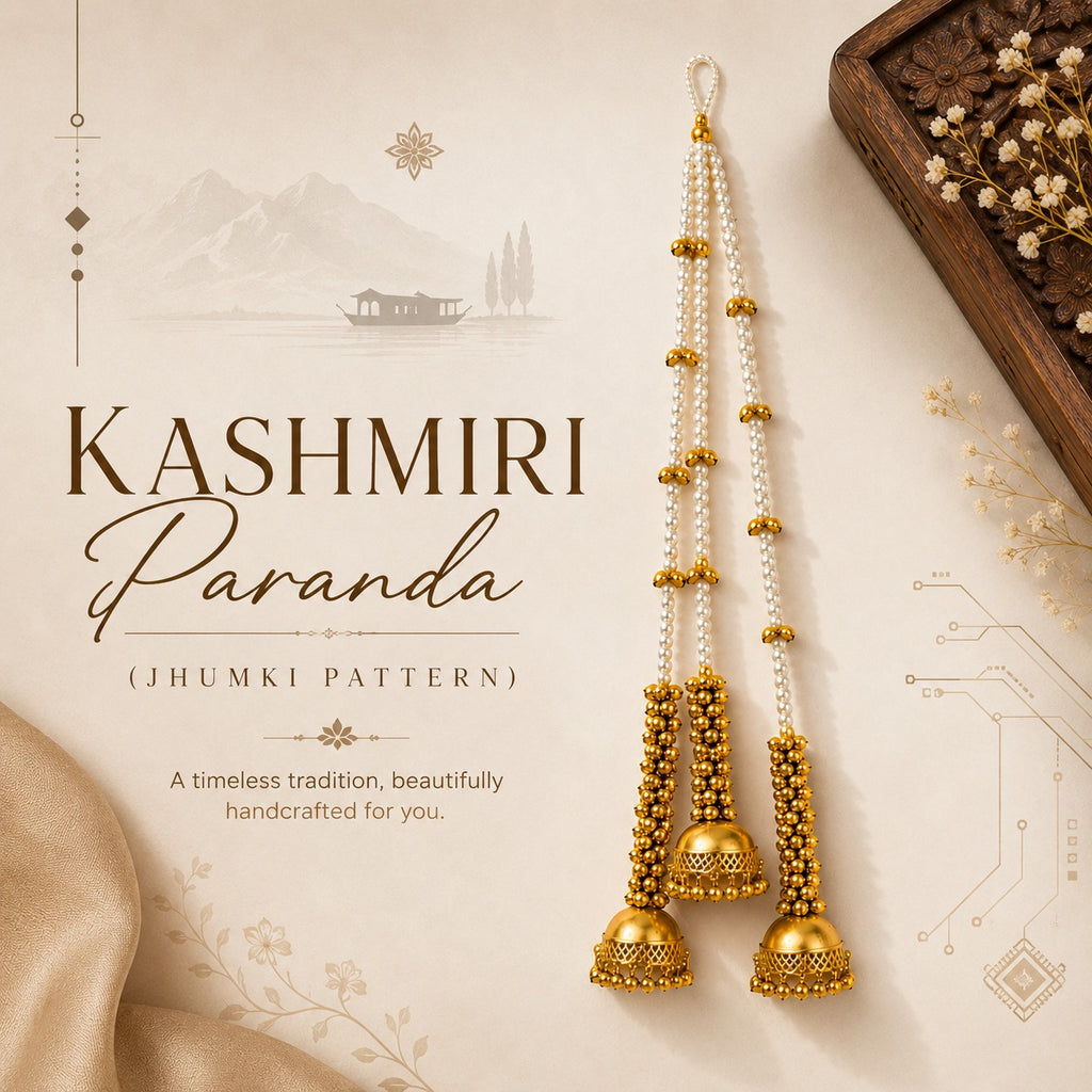 Kashmiri Paranda Jhumki Pattern for Women and Girls, Traditional Pearl Hair Braid Accessory, Golden Jhumki Latkan, Punjabi Bridal Parandi for Wedding, Mehendi