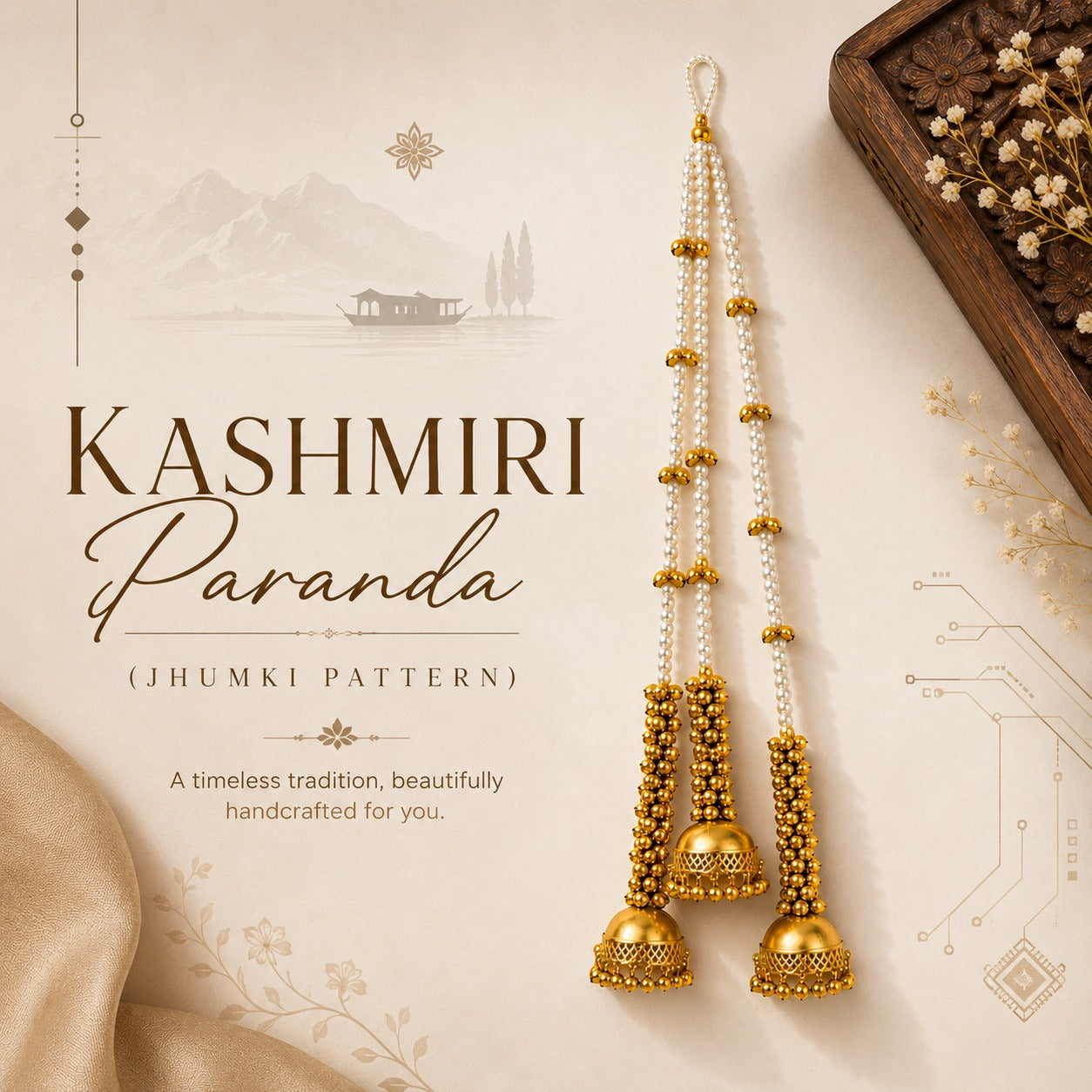 Kashmiri Paranda Jhumki Pattern for Women and Girls, Traditional Pearl Hair Braid Accessory, Golden Jhumki Latkan, Punjabi Bridal Parandi for Wedding, Mehendi