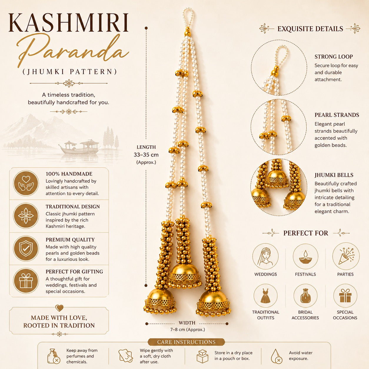 Kashmiri Paranda Jhumki Pattern for Women and Girls, Traditional Pearl Hair Braid Accessory, Golden Jhumki Latkan, Punjabi Bridal Parandi for Wedding, Mehendi