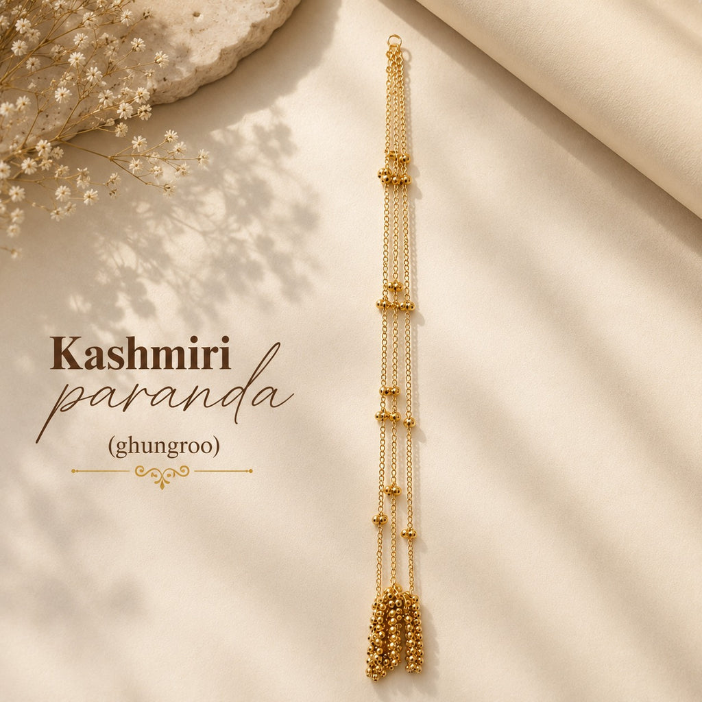 Kashmiri Paranda with Ghunghroo for Women, Gold Plated Traditional Hair Accessory for Bridal, Mehndi, Haldi & Wedding.