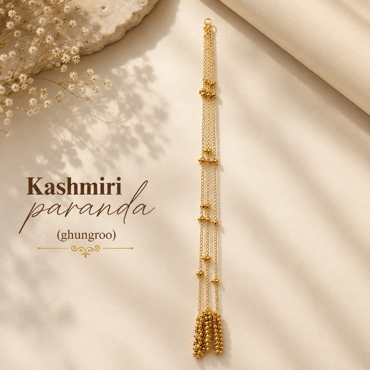 Kashmiri Paranda with Ghunghroo for Women, Gold Plated Traditional Hair Accessory for Bridal, Mehndi, Haldi & Wedding.