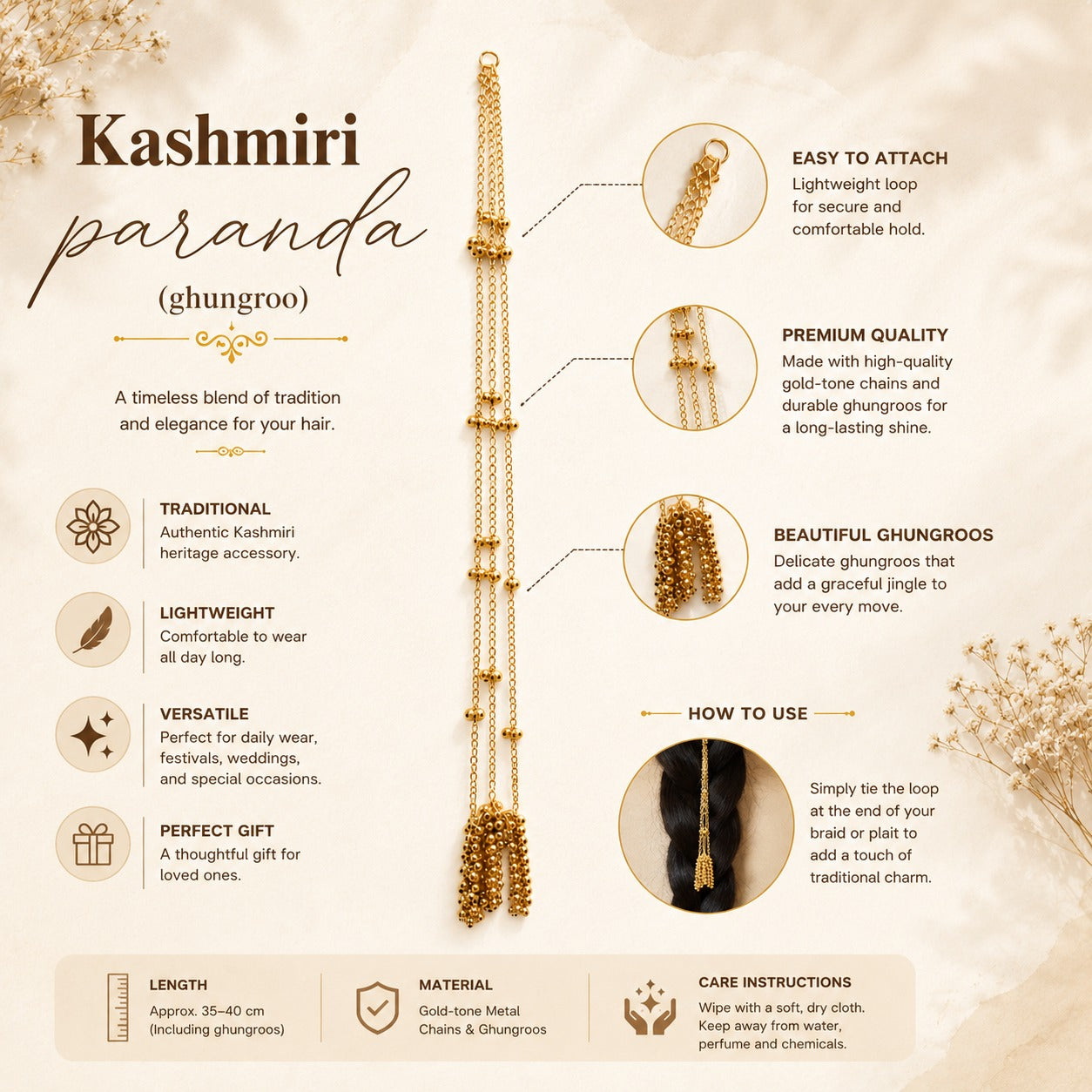Kashmiri Paranda with Ghunghroo for Women, Gold Plated Traditional Hair Accessory for Bridal, Mehndi, Haldi & Wedding.
