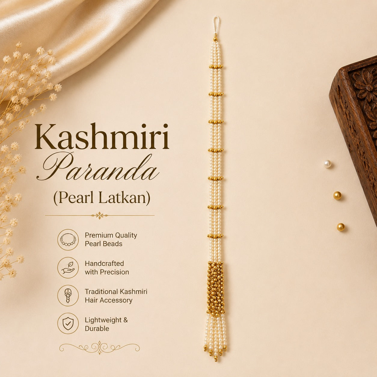 Kashmiri Paranda Pearl Latkan for Women, Traditional Hair Accessory with White Pearl Strings, Golden Bead Tassel, Bridal Braid Decoration for Punjabi & Ethnic Hairstyles