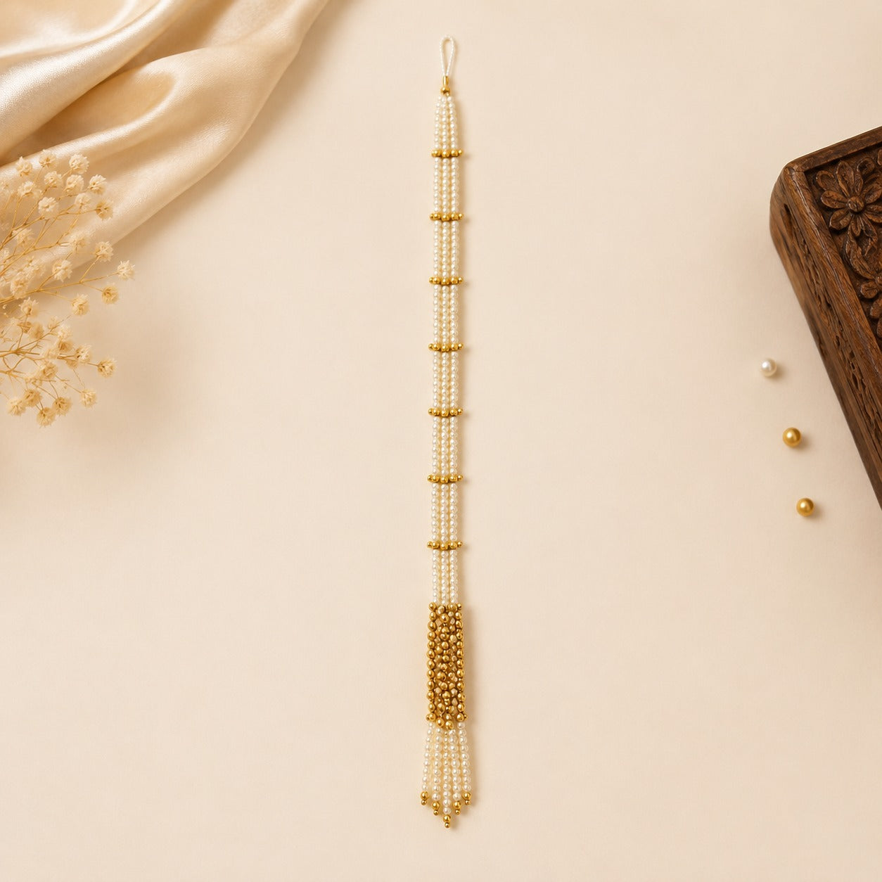 Kashmiri Paranda Pearl Latkan for Women, Traditional Hair Accessory with White Pearl Strings, Golden Bead Tassel, Bridal Braid Decoration for Punjabi & Ethnic Hairstyles