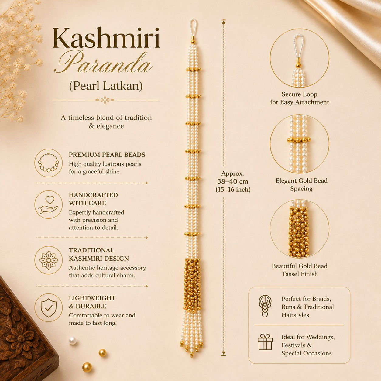 Kashmiri Paranda Pearl Latkan for Women, Traditional Hair Accessory with White Pearl Strings, Golden Bead Tassel, Bridal Braid Decoration for Punjabi & Ethnic Hairstyles