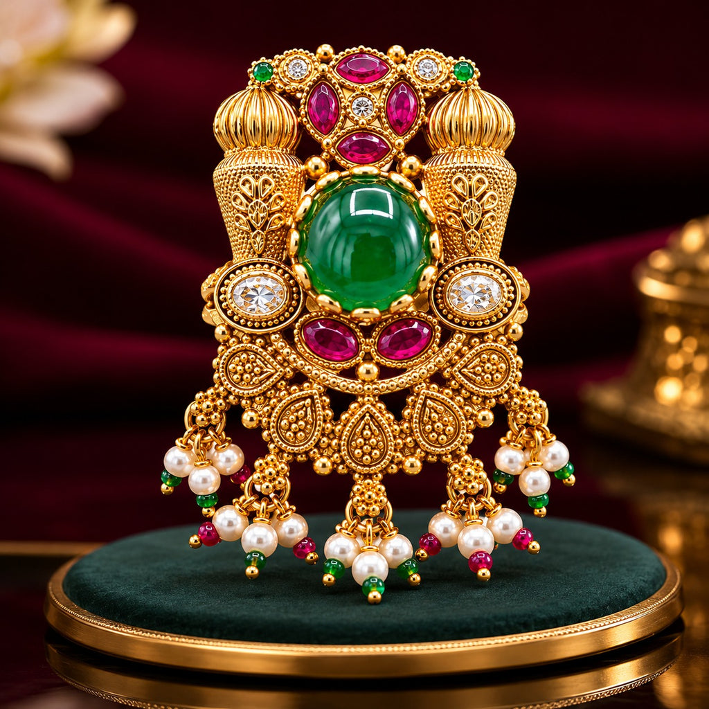 Traditional Gold-Plated Statement Ring with Green Stone & Pearls | Ethnic Jewelry