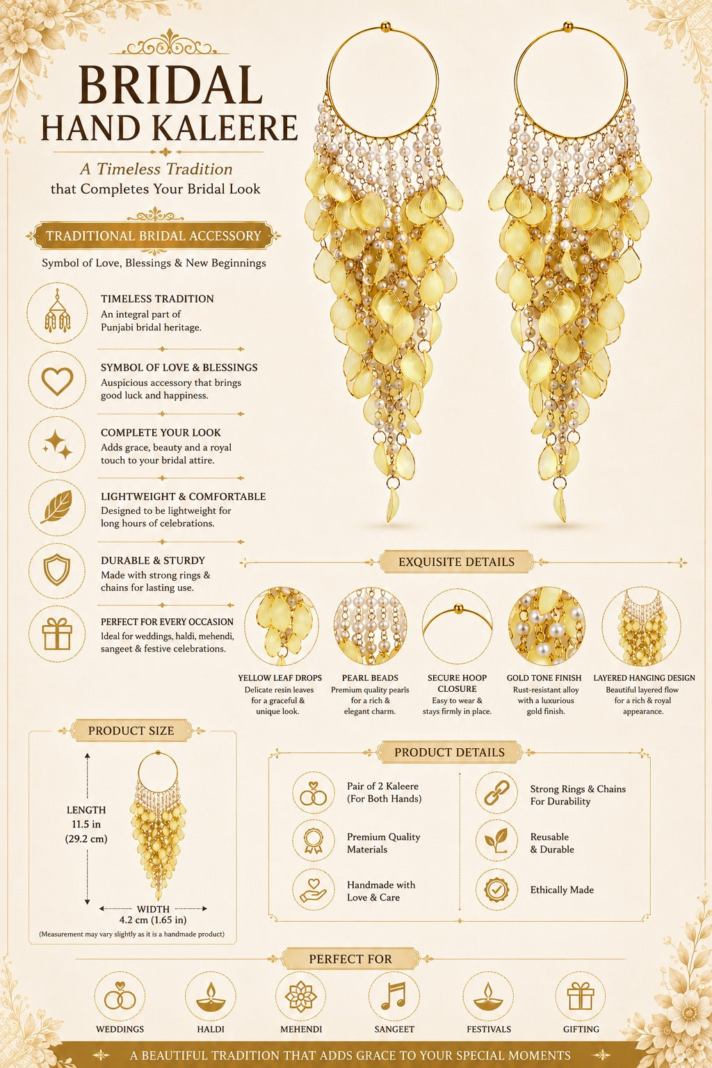 Yellow Floral Pearl Kaleere, Gold Plated, Traditional Bridal Hanging Latkan, for Mehndi, Haldi & Wedding