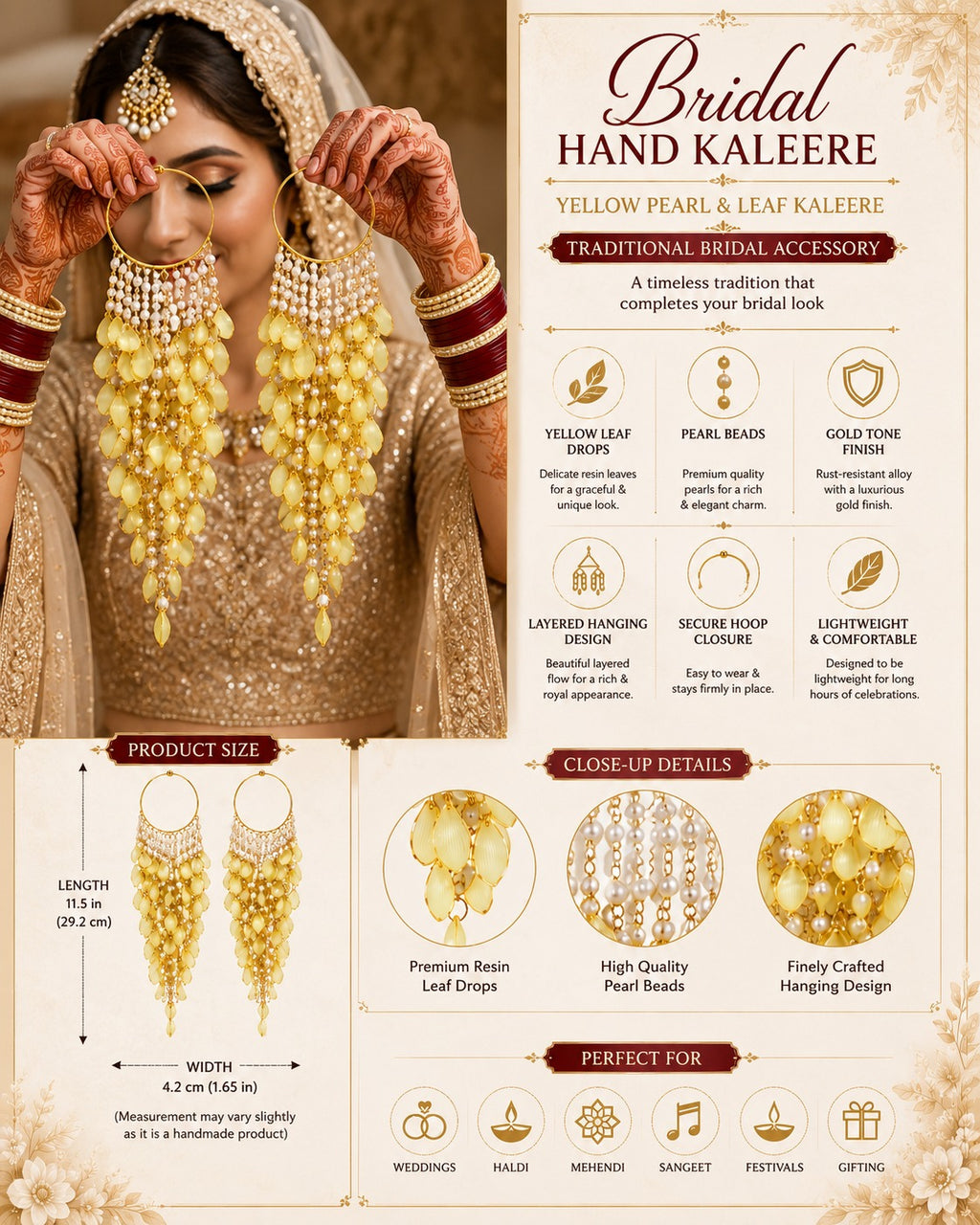 Yellow Floral Pearl Kaleere, Gold Plated, Traditional Bridal Hanging Latkan, for Mehndi, Haldi & Wedding