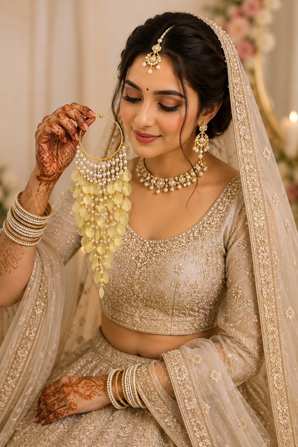 Yellow Floral Pearl Kaleere, Gold Plated, Traditional Bridal Hanging Latkan, for Mehndi, Haldi & Wedding
