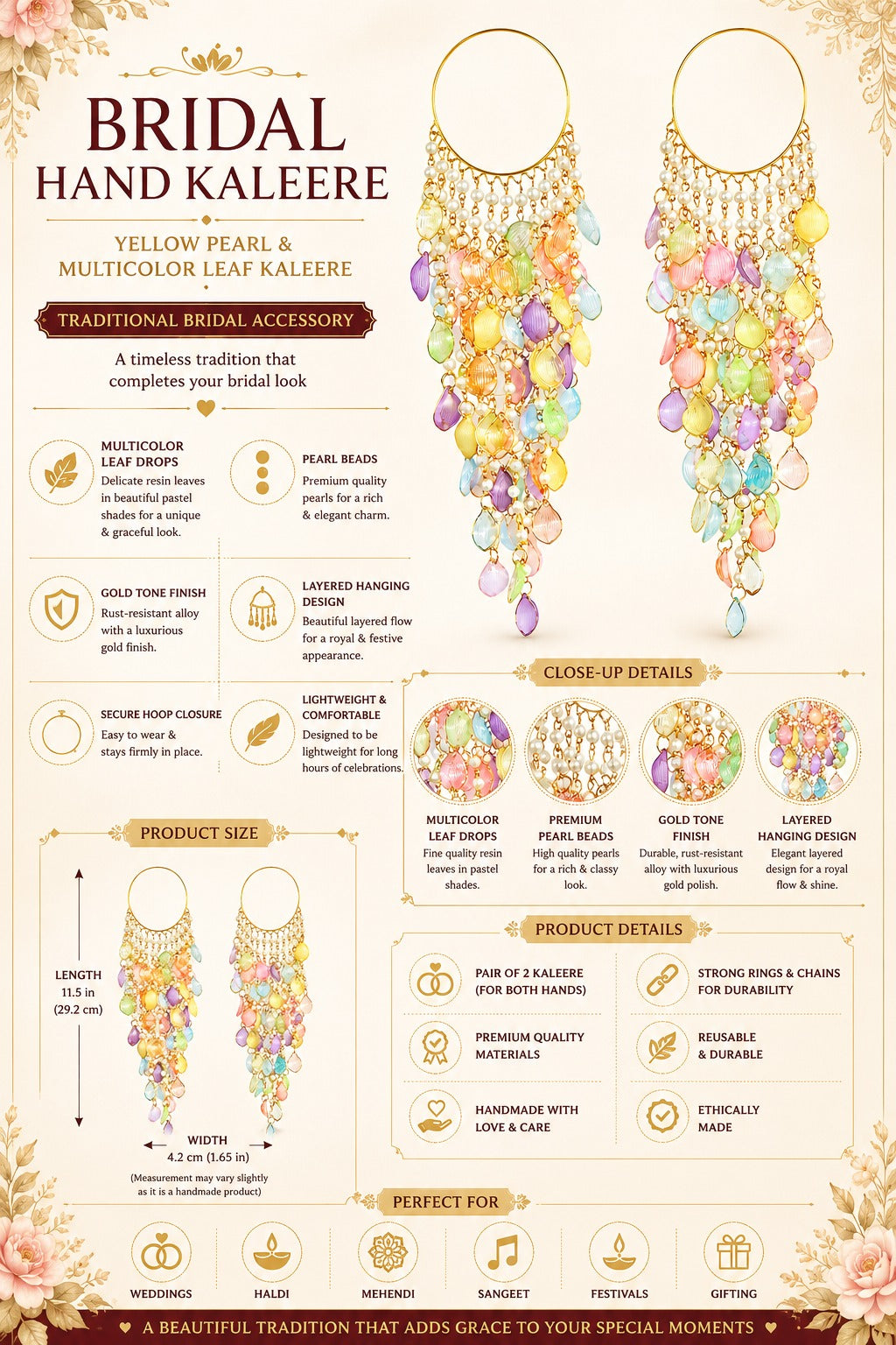 Multicolour Floral Pearl Kaleere, Gold Plated, Traditional Bridal Hand Kaleera Jewellery, Hanging Latkan for Mehndi, Haldi & Wedding