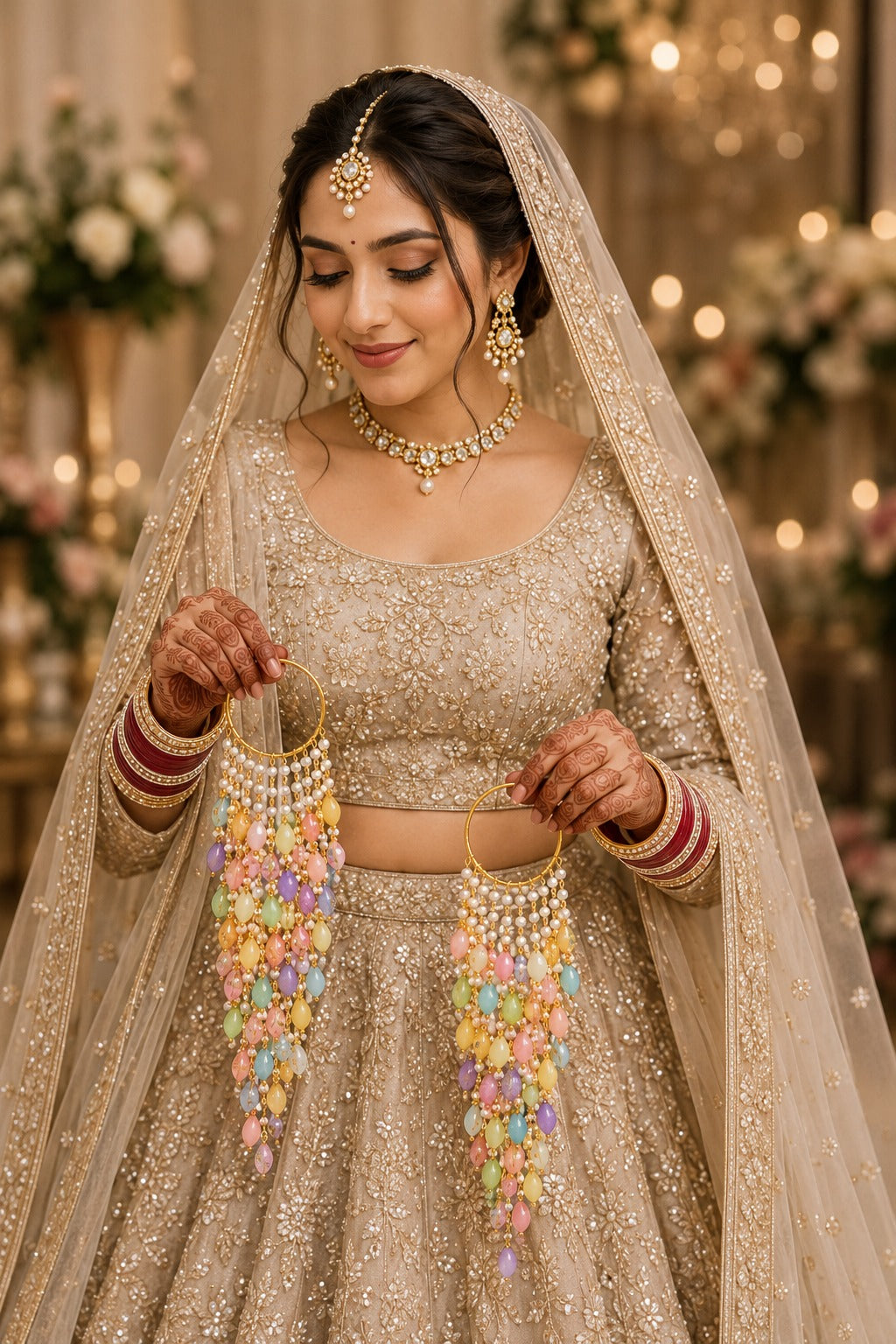Multicolour Floral Pearl Kaleere, Gold Plated, Traditional Bridal Hand Kaleera Jewellery, Hanging Latkan for Mehndi, Haldi & Wedding