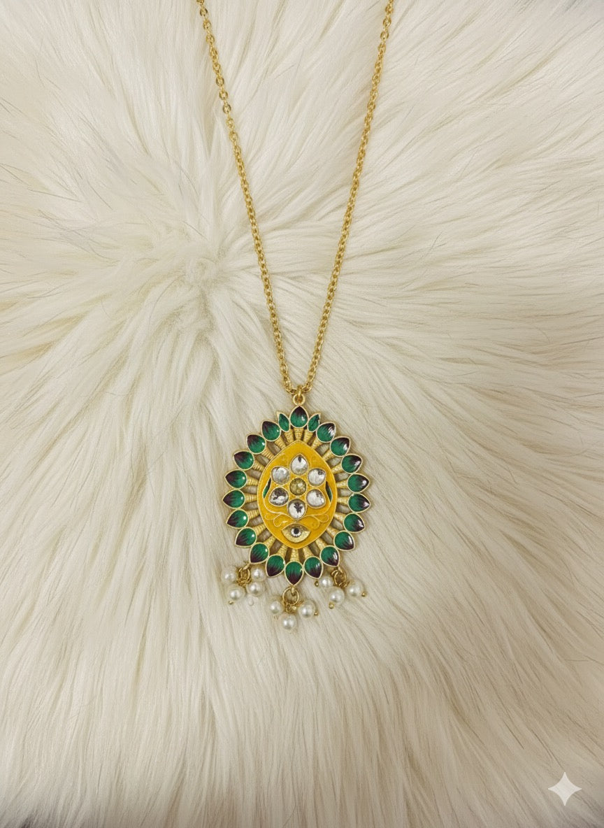 Yellow & Green Reversible Pendant Chain Necklace – Dual-Tone Handcrafted Meenakari Jewelry