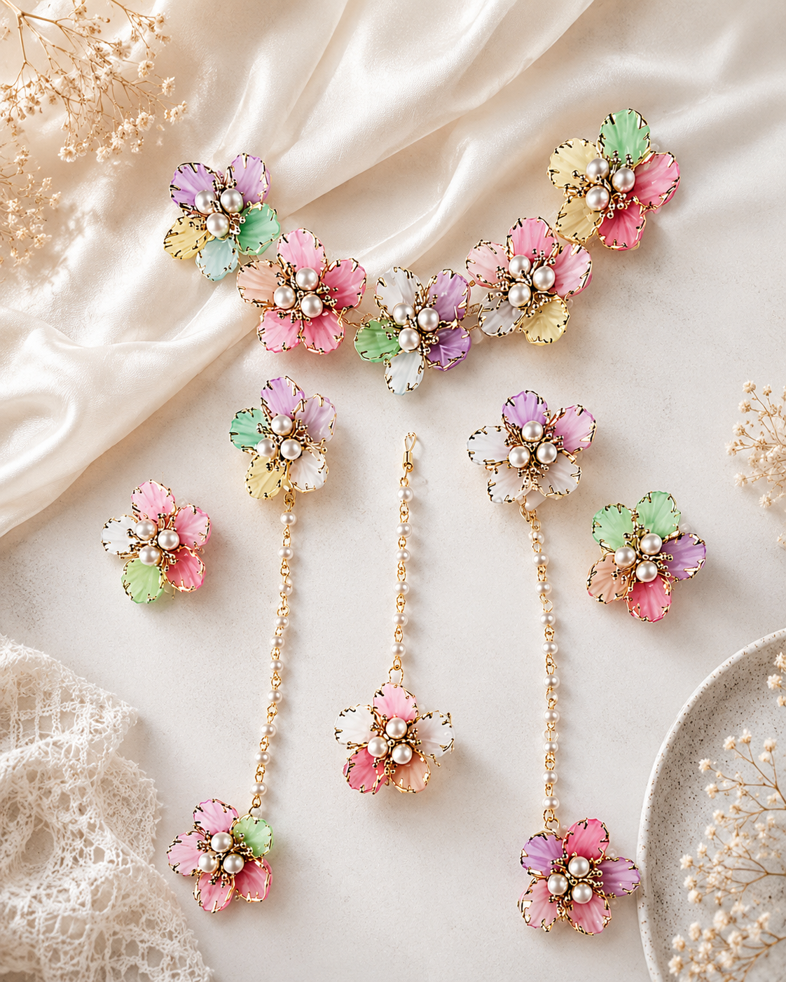 Multicolour Floral Mehndi Jewellery Set with Pearl Beads, Artificial Flower Kaleere, Earrings and Hand Jewellery for Haldi, Wedding and Sangeet