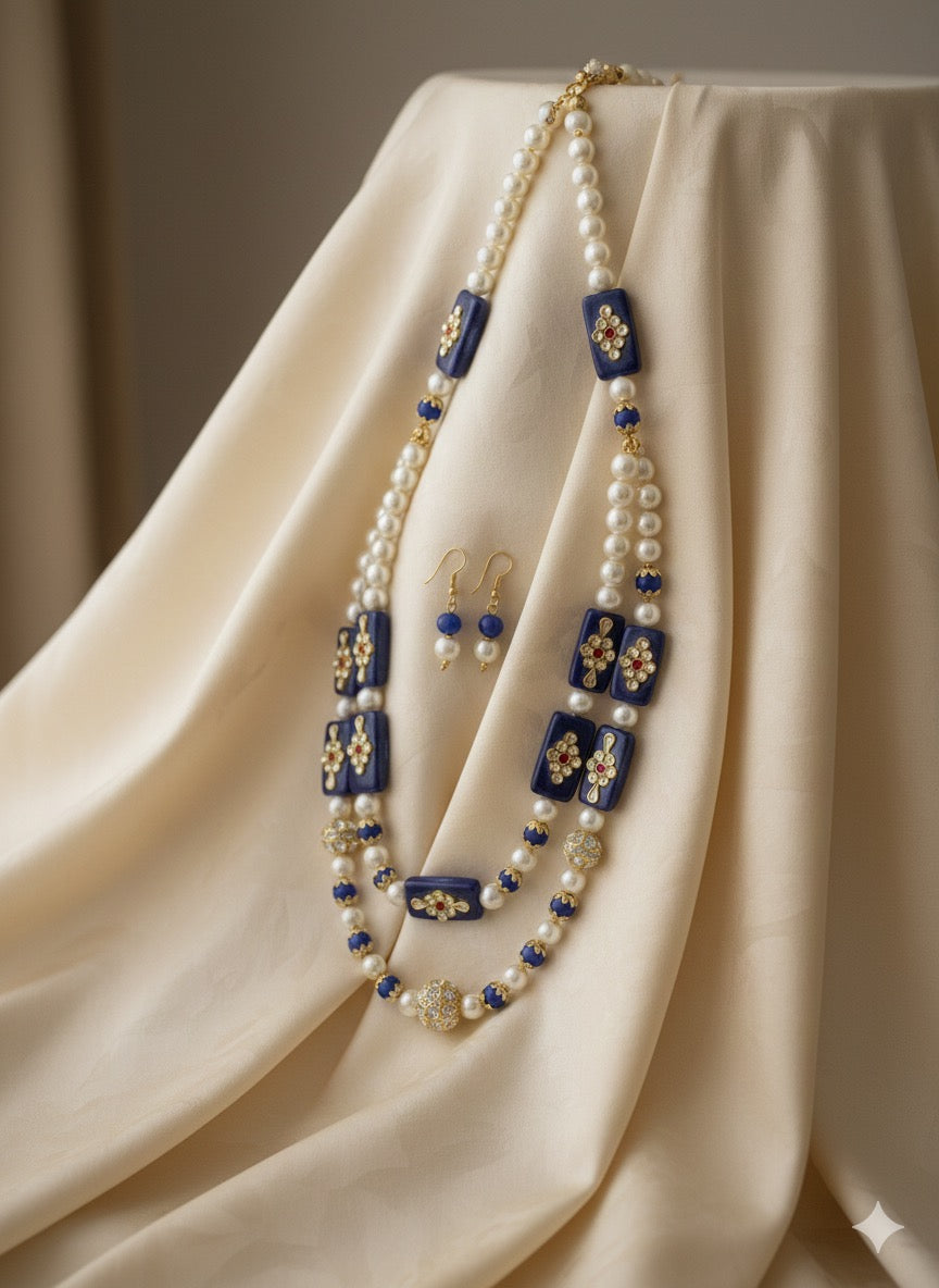 Indigo Beaded Mala – Handcrafted Layered Statement Necklace