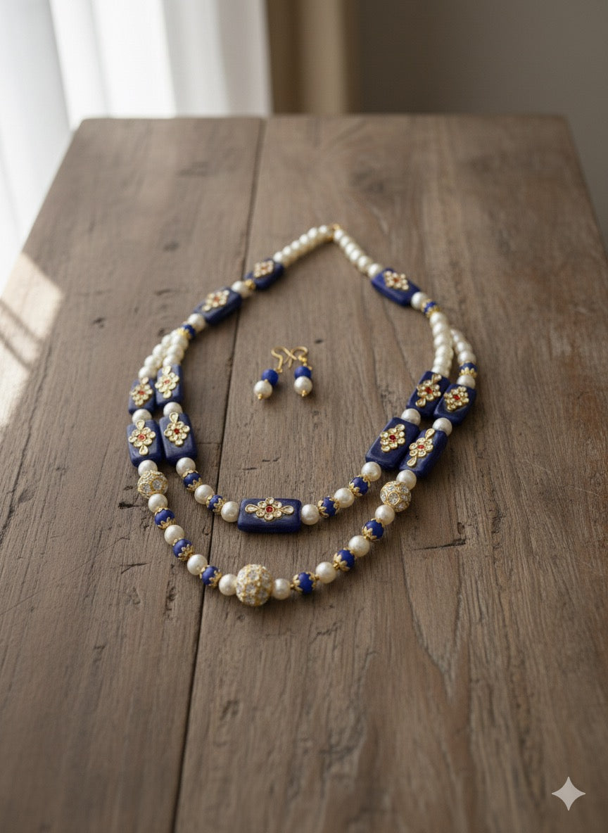 Indigo Beaded Mala – Handcrafted Layered Statement Necklace
