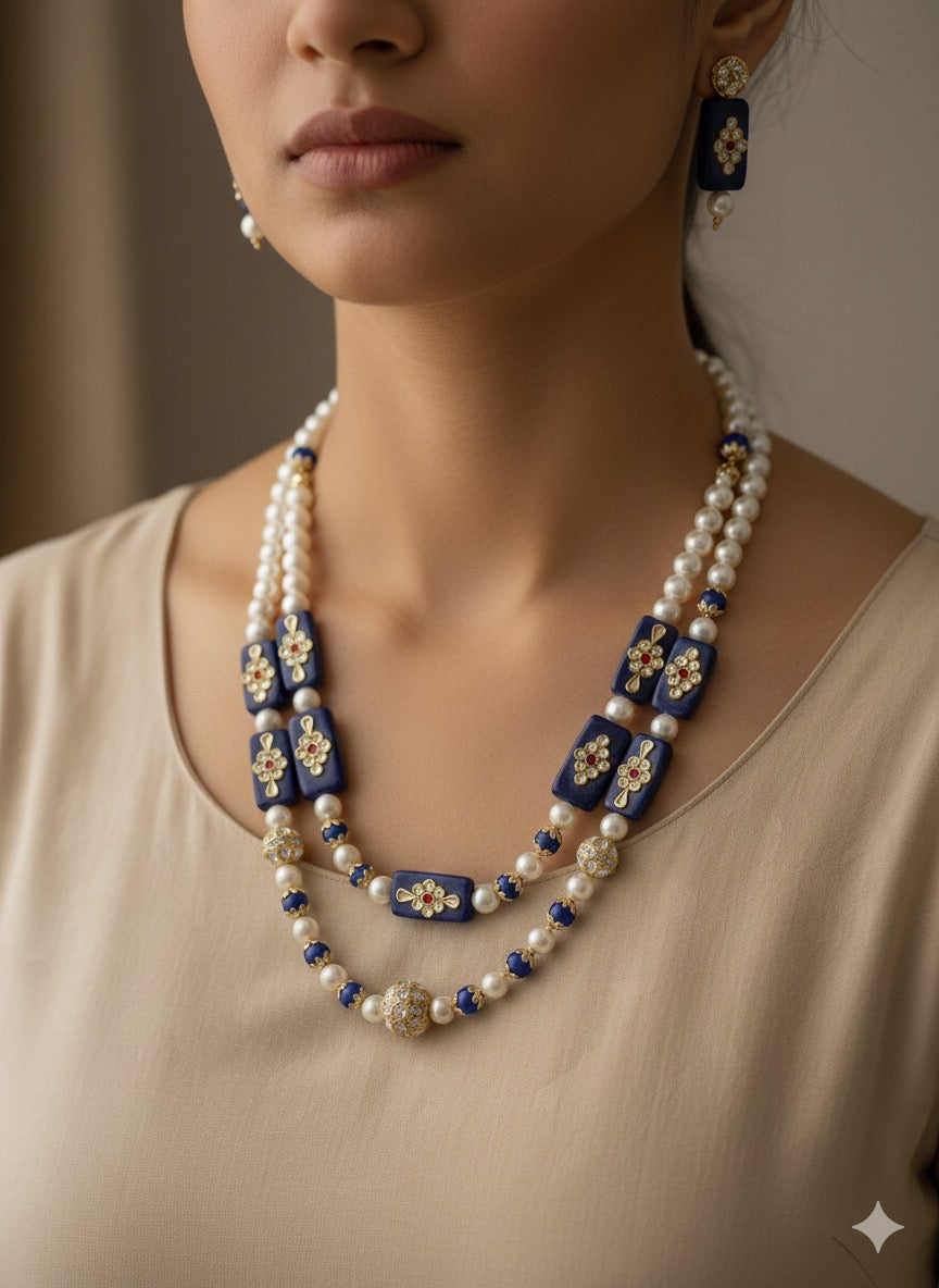 Indigo Beaded Mala – Handcrafted Layered Statement Necklace