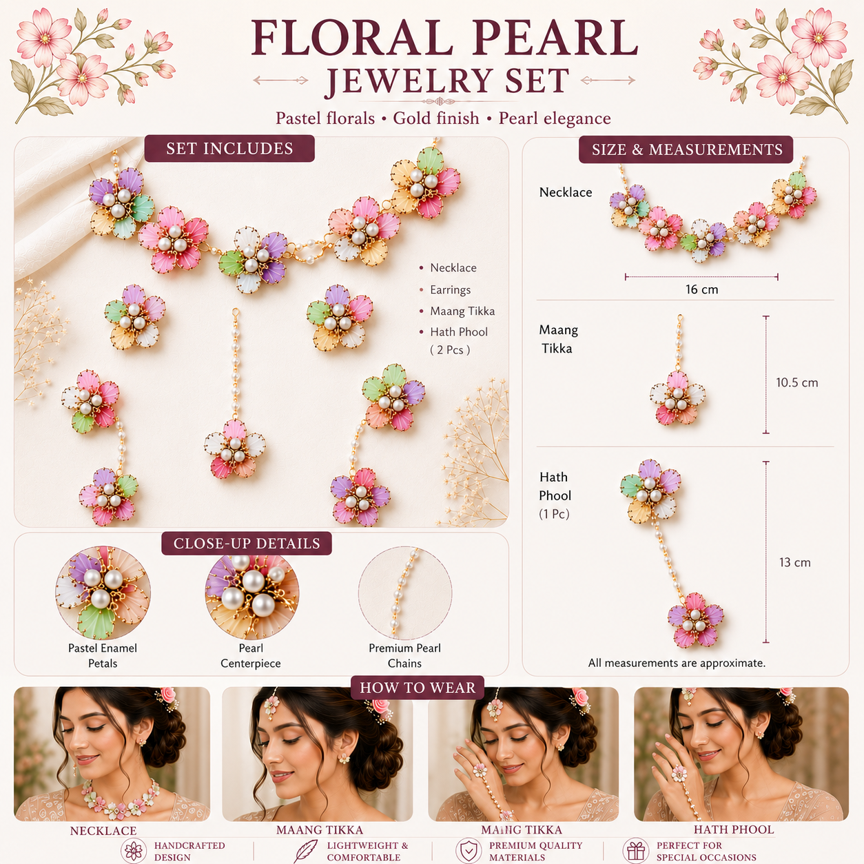 Multicolour Floral Mehndi Jewellery Set with Pearl Beads, Artificial Flower Kaleere, Earrings and Hand Jewellery for Haldi, Wedding and Sangeet