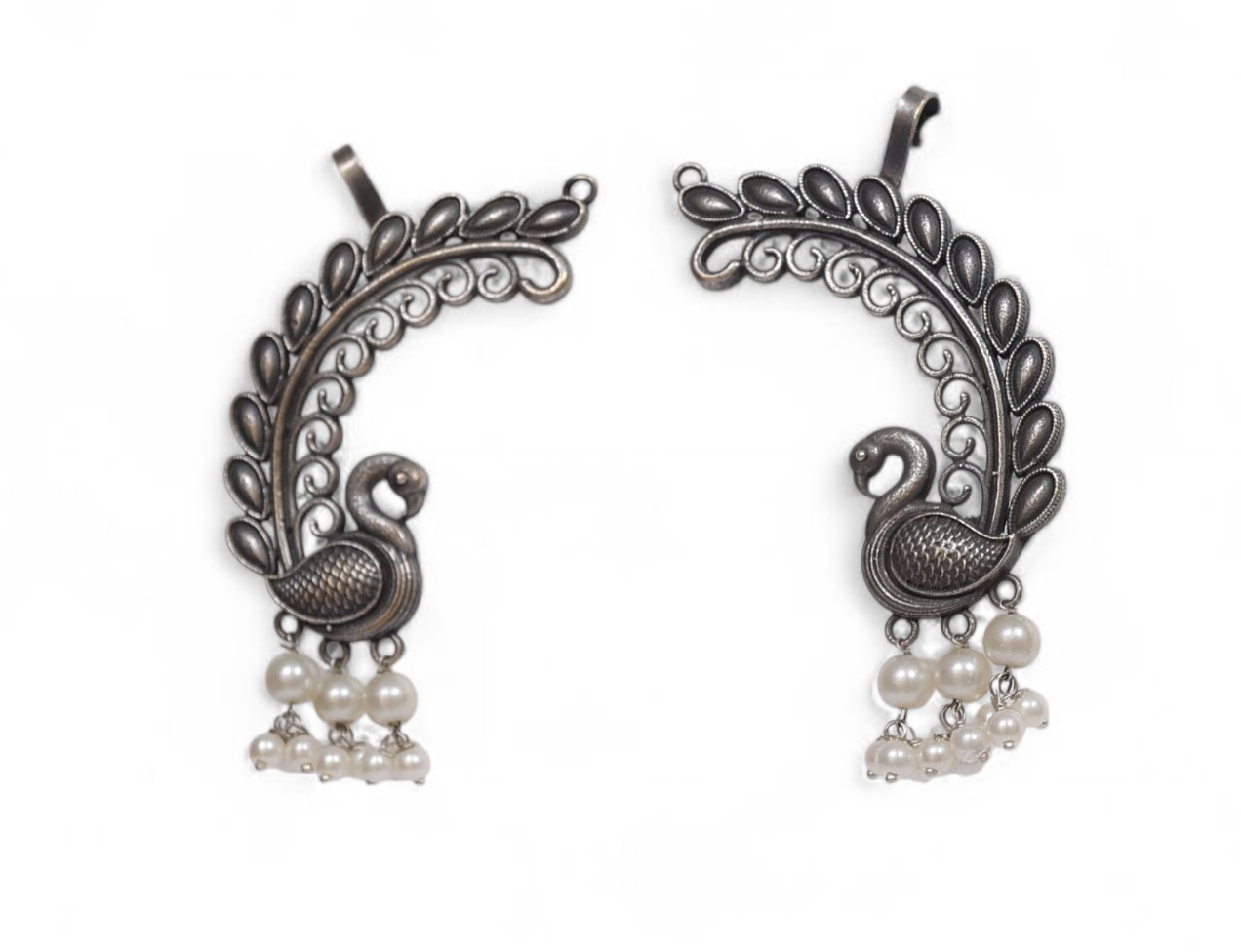 Majestic Peacock & Pearl Oxidized Silver Ear Cuff  –  Indian Jewelry