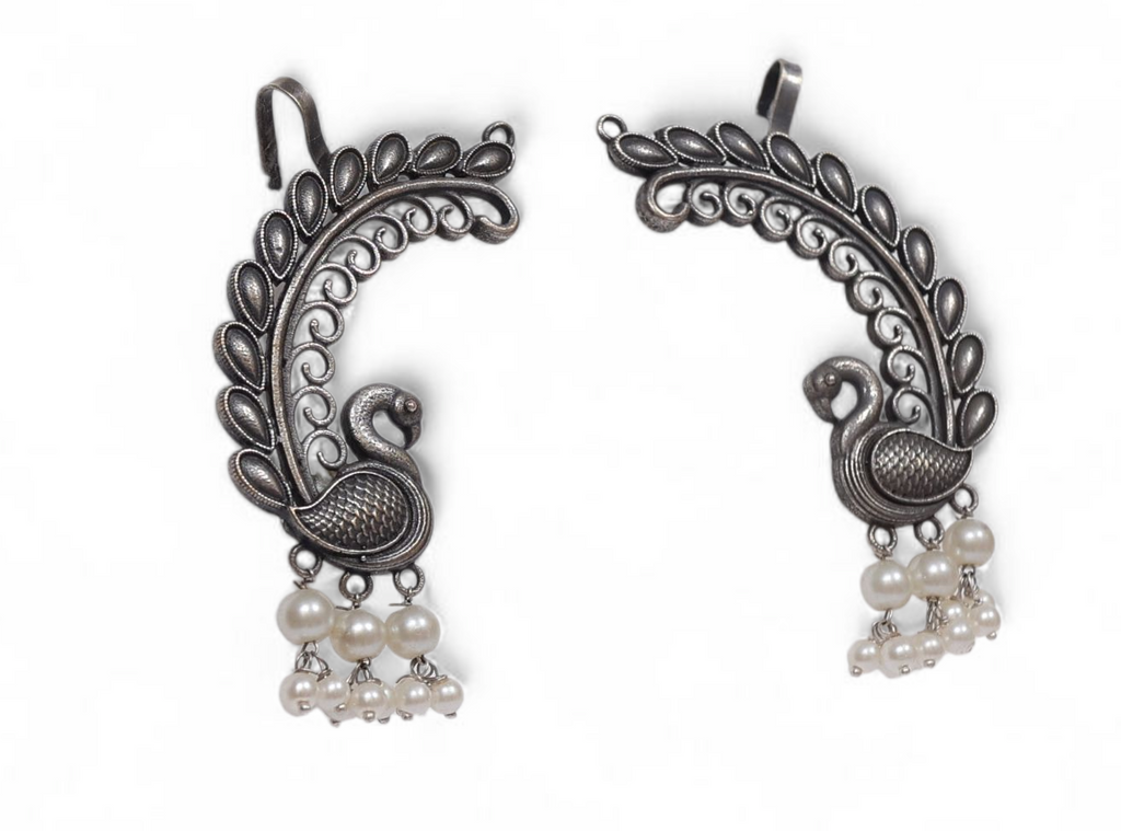 Majestic Peacock & Pearl Oxidized Silver Ear Cuff  –  Indian Jewelry