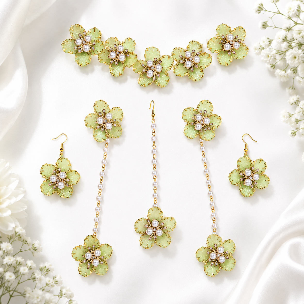 Mint Green Floral Mehndi Jewellery Set with Pearl Beads, Artificial Flower Kaleere, Earrings & Hand Jewellery for Haldi, Wedding & Sangeet