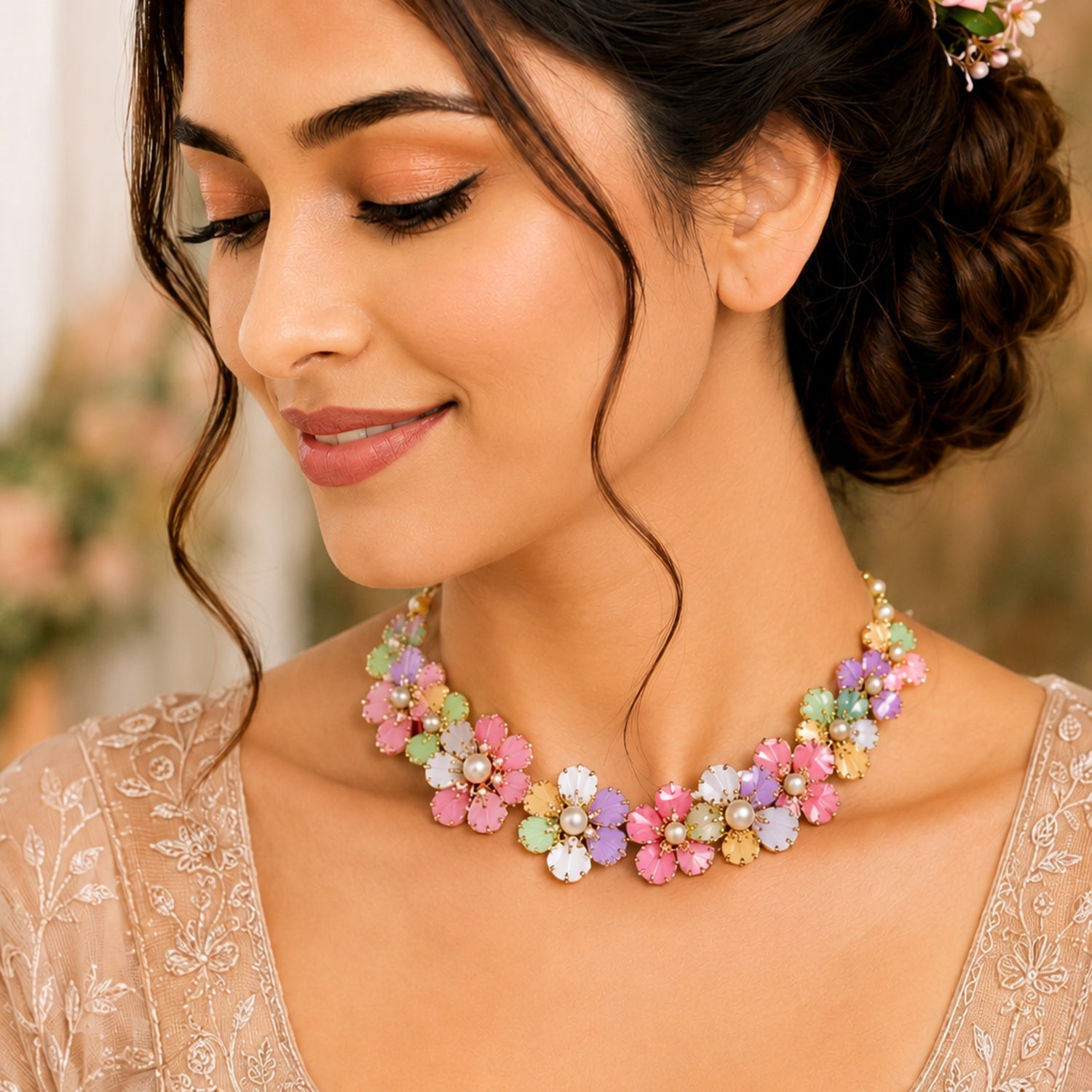 Multicolour Floral Mehndi Jewellery Set with Pearl Beads, Artificial Flower Kaleere, Earrings and Hand Jewellery for Haldi, Wedding and Sangeet