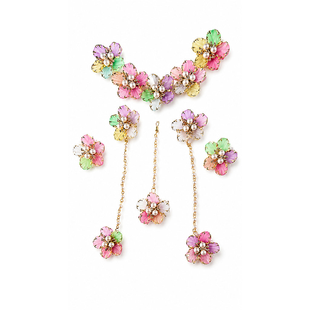 Multicolour Floral Mehndi Jewellery Set with Pearl Beads, Artificial Flower Kaleere, Earrings and Hand Jewellery for Haldi, Wedding and Sangeet