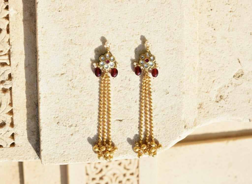 Kundan Latkan Dangler Earrings: Gold Plated Chains & Pearl Drops by Manikundala