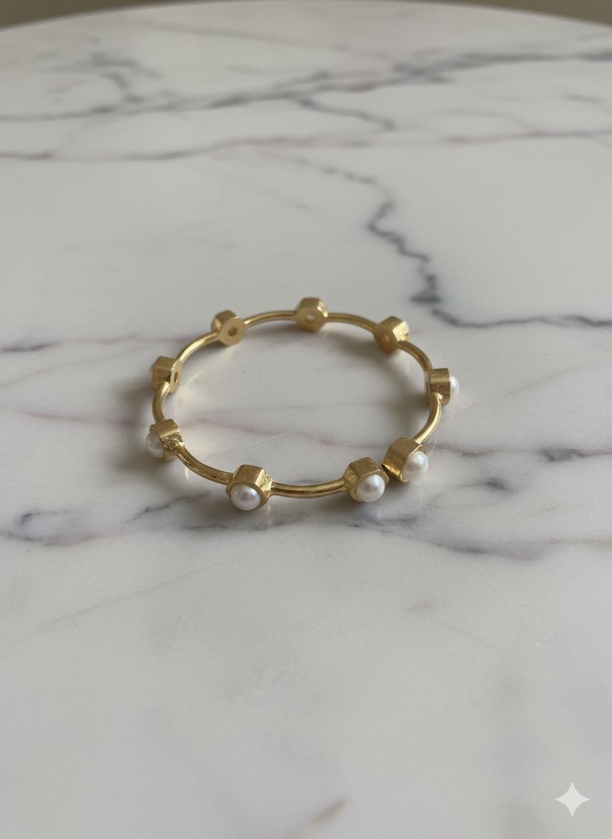 Pearl Kada Bracelet – Minimalist Gold Plated Open Cuff with Faux Pearls | Manikundala