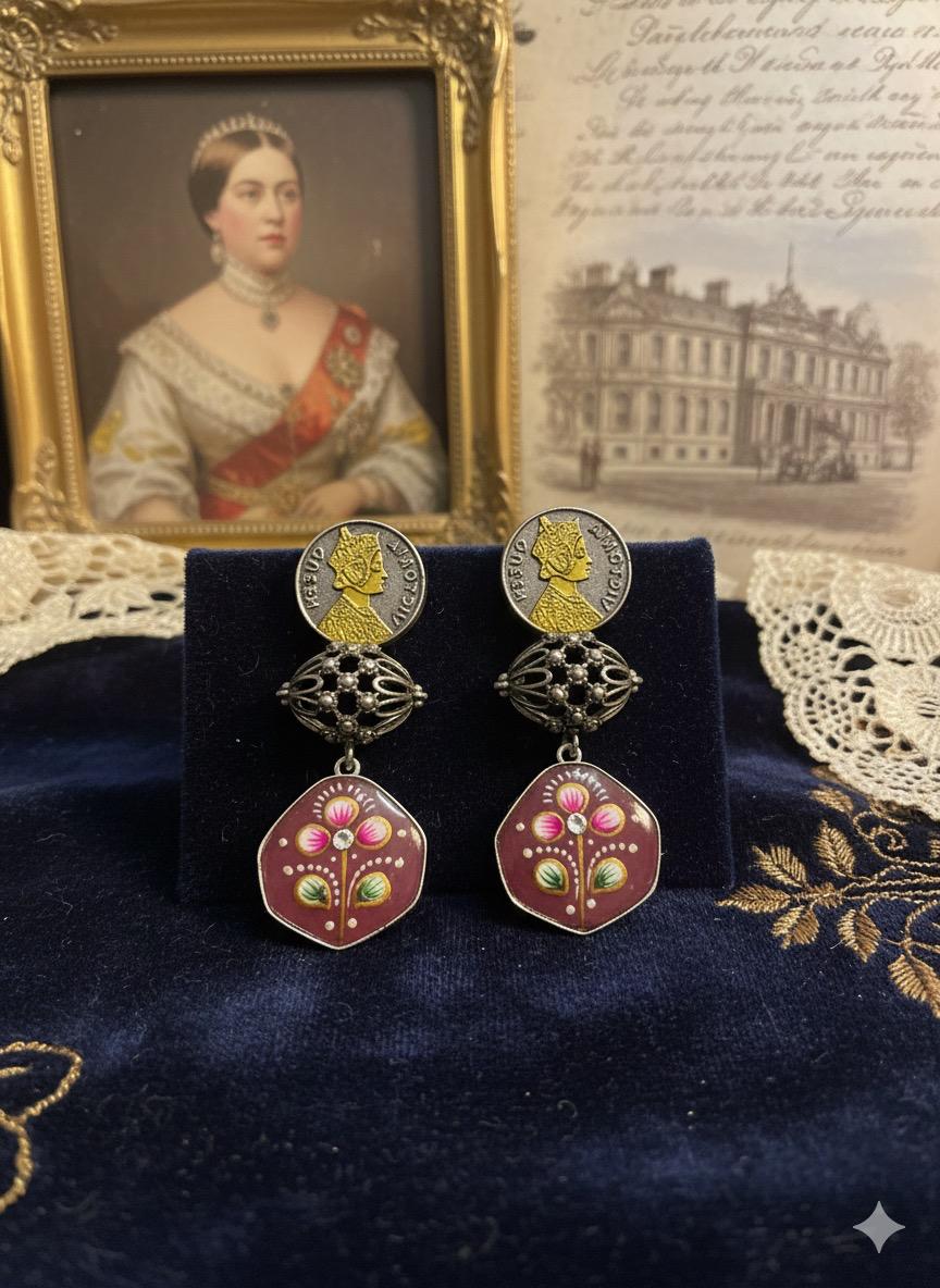 👑 Victoria Danglers: Coin & Meenakari Earrings in Pink or Dark Green | Oxidized Silver  Jewelry by Manikundal