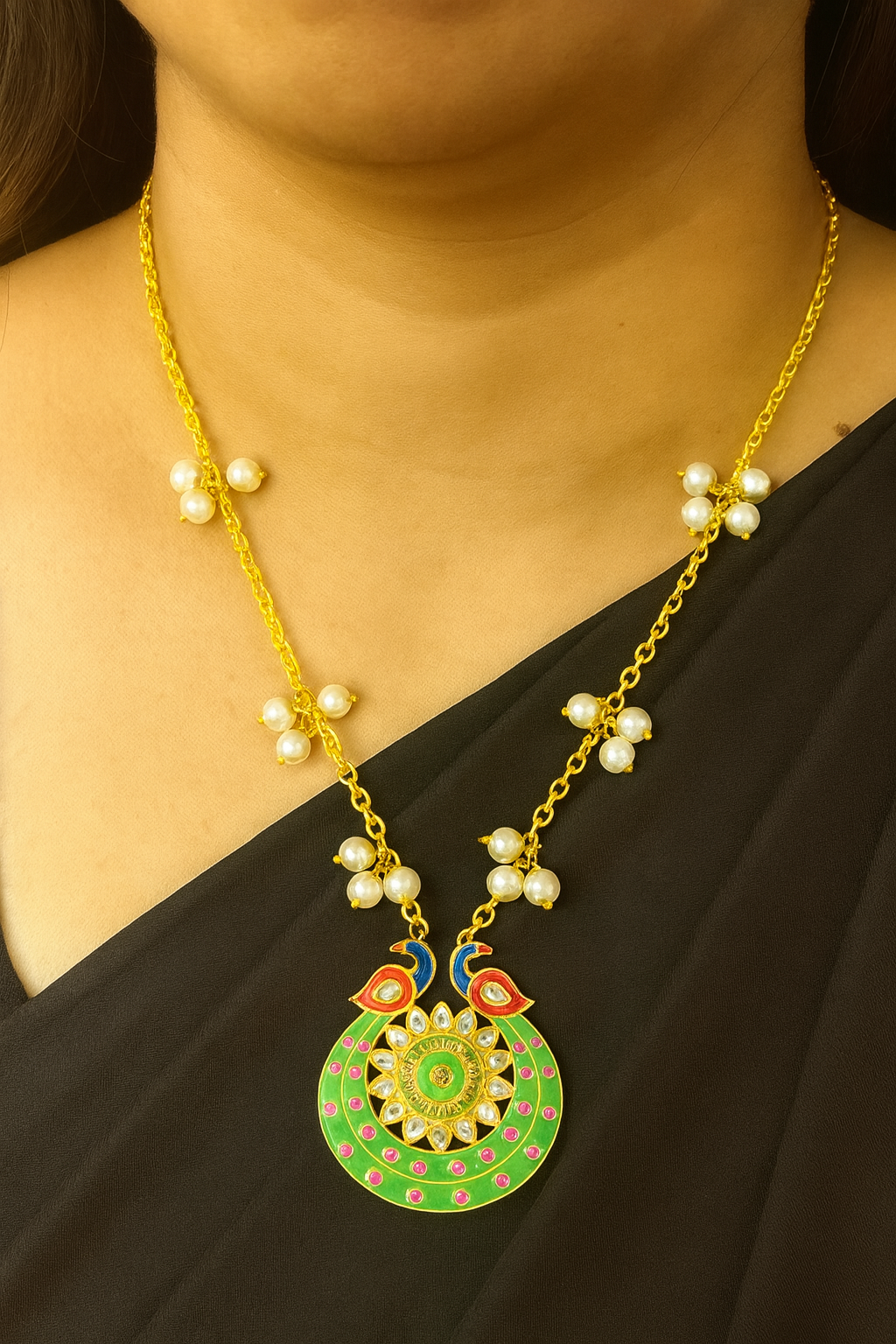 Yellow & Green Reversible Pendant Chain Necklace – Dual-Tone Handcrafted Meenakari Jewelry