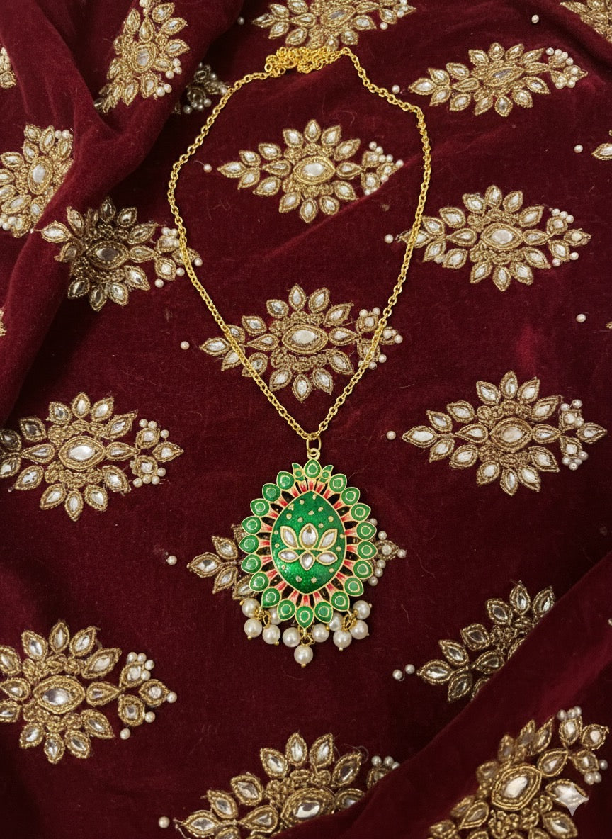 Yellow & Green Reversible Pendant Chain Necklace – Dual-Tone Handcrafted Meenakari Jewelry