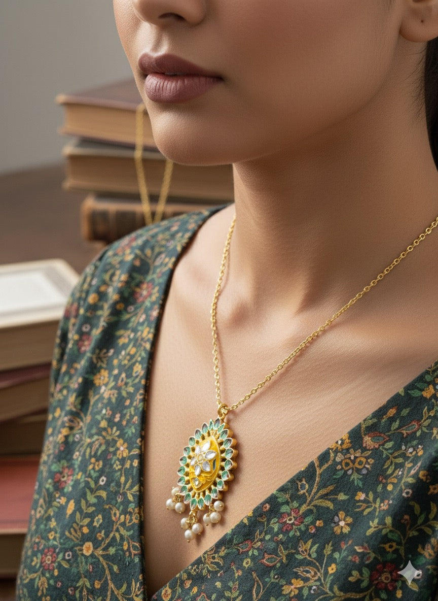 Yellow & Green Reversible Pendant Chain Necklace – Dual-Tone Handcrafted Meenakari Jewelry